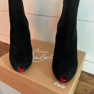 Christian Louboutin Bianca Black Suede Ankle Boots with RARE Micro Peep Toe